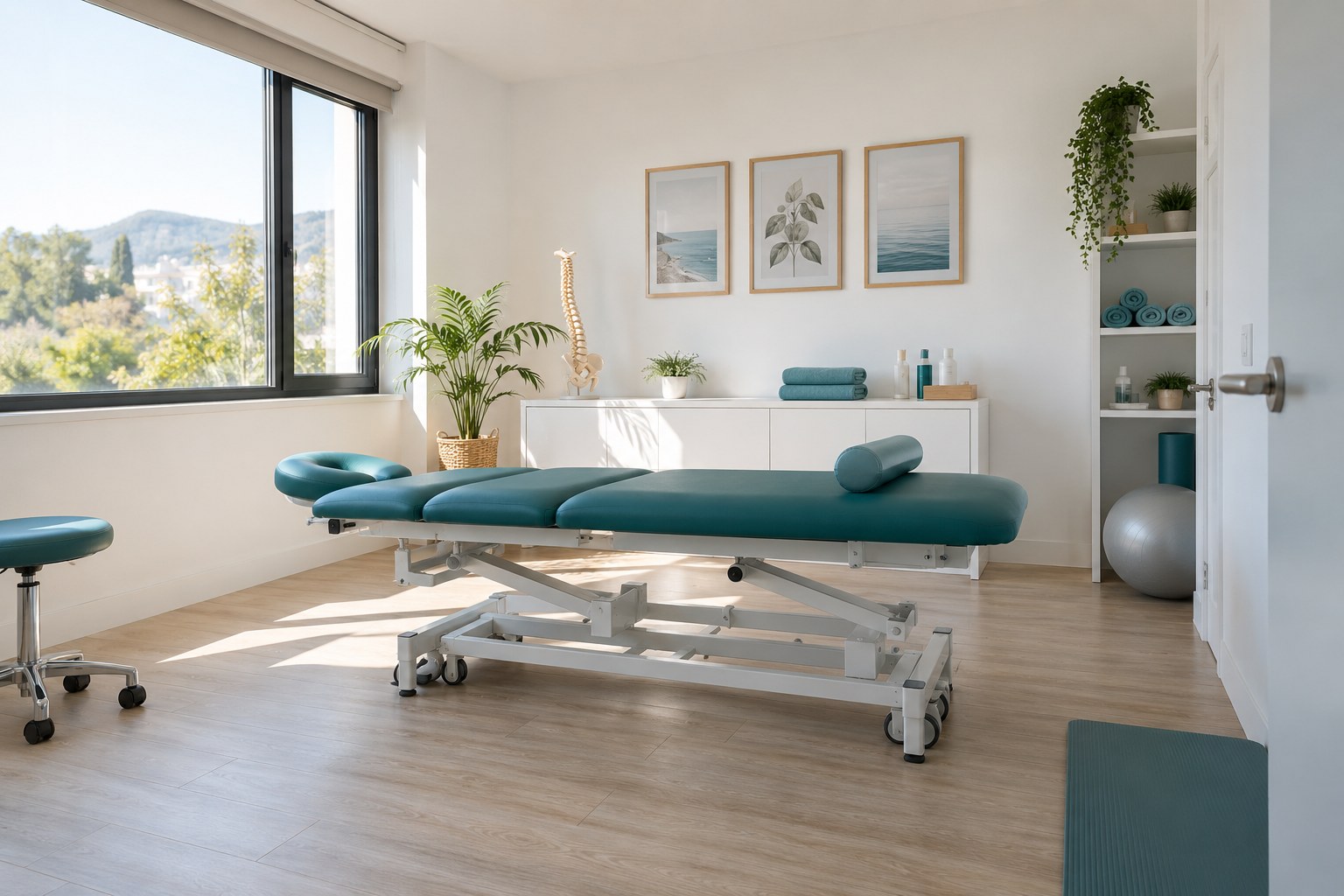 Imagen conceptual de una consulta luminosa con camilla y material de fisioterapia